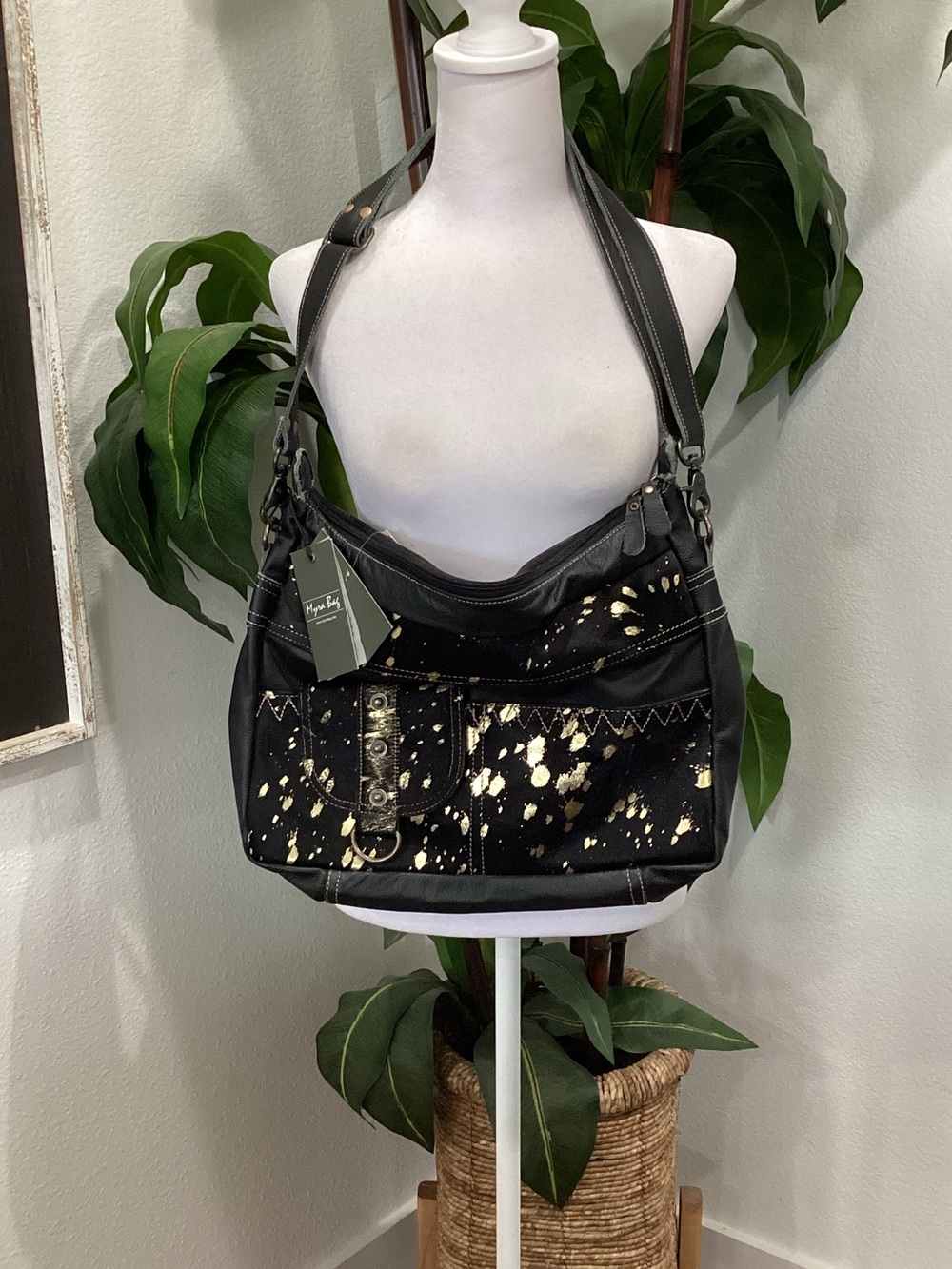 Myra Bag Black Shoulder Bag with Gold Splatter